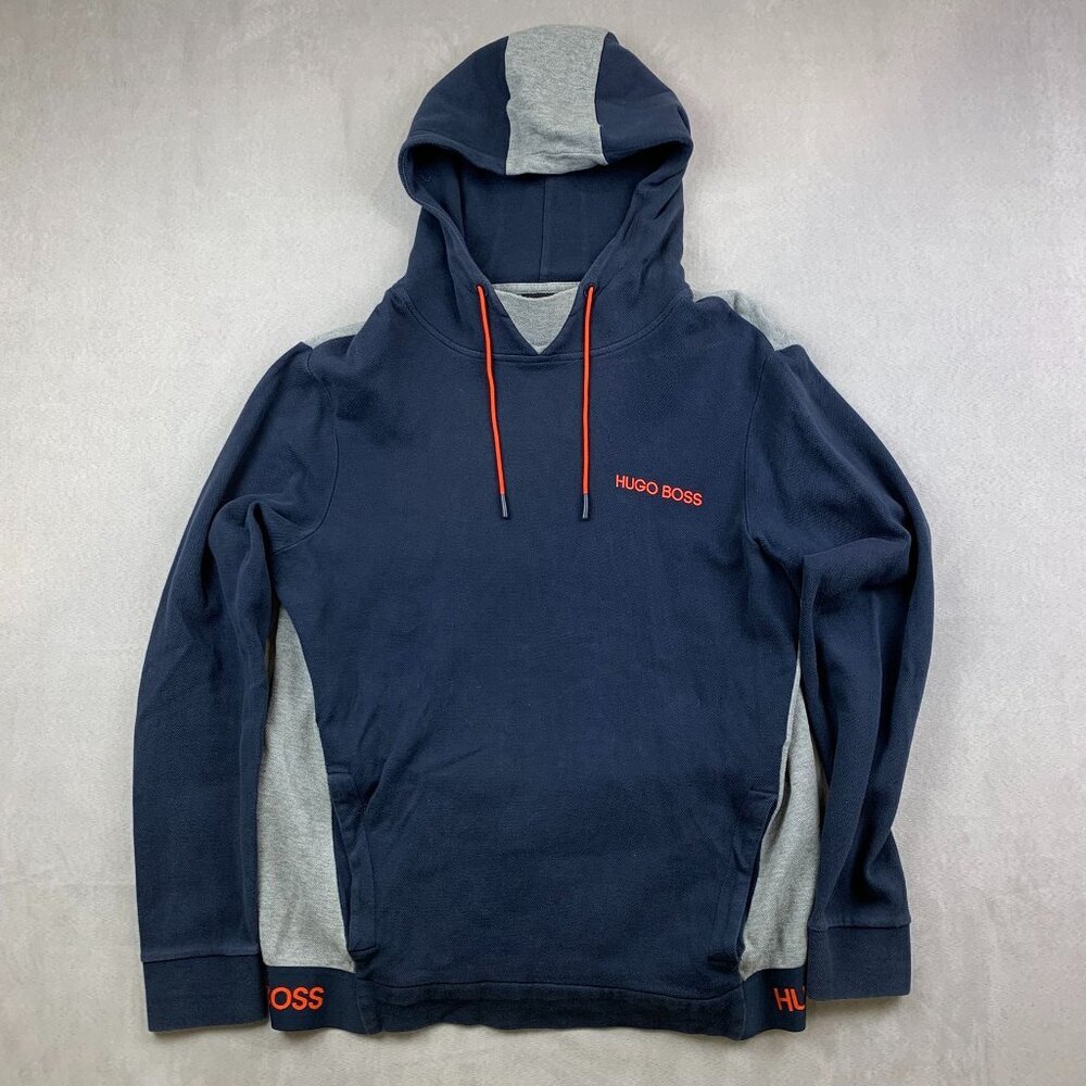 Hugo Boss Mens Sweater XL Blue Colorblock Hoodie Long Sleeve Pullover Spell Out